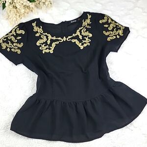 ‎Black Sheer & Gold Embroidered Peplum Top [SIZE MEDIUM]